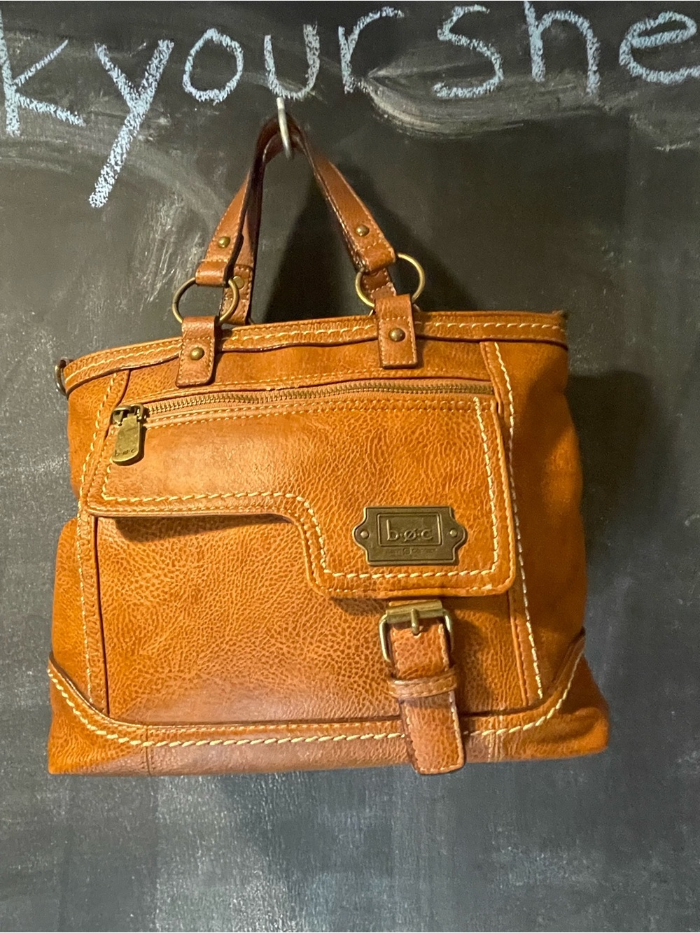 BOC Born Concepts Cognac Brown Faux Leather Satchel Tote Handbag Purse fall